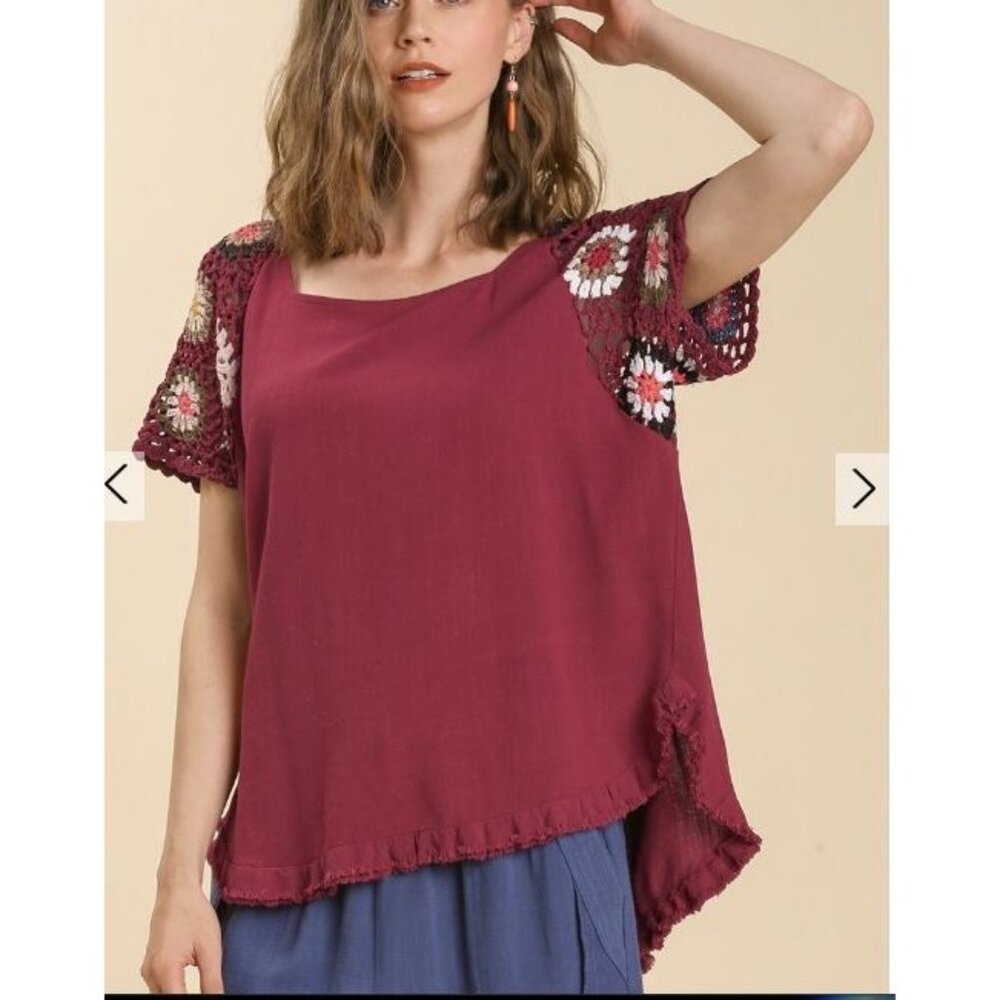 Umgee-Burgundy Linen Blend Round Neck Crochet Sleeve Hi Low Top Size Small-Large